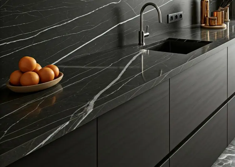 Side-by-side appearance of Pietra Gray marble and Nero Marquina